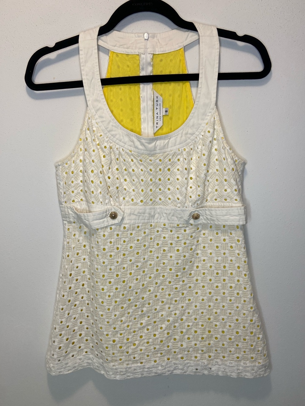 Trina Turk White Eyelet Sleeveless Top with Yellow Lining